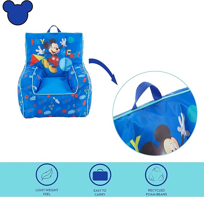 Idea Nuova Disney Mickey Mouse Kids Nylon Bean Bag Chair with Piping & Top Carry Handle, Large - LeafyLoom