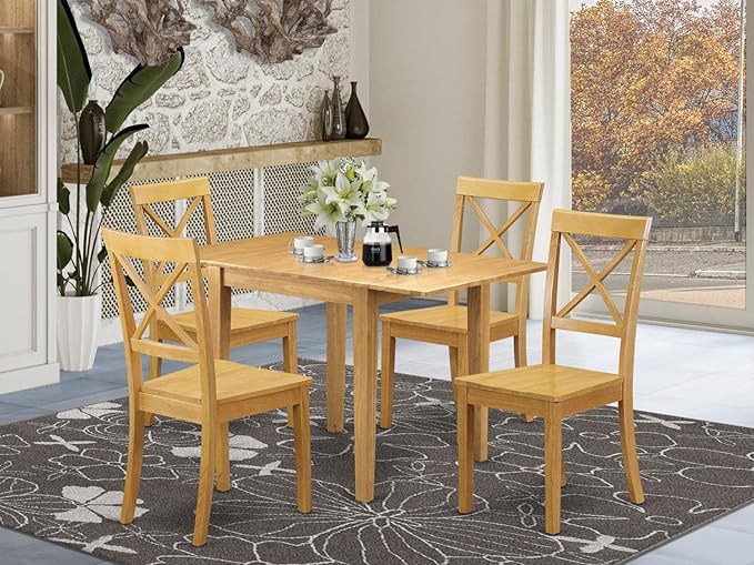 East West Furniture NDBO5-OAK-W Norden 5 Piece Kitchen Set for 4 Includes a Rectangle Dining Room Table with Dropleaf and 4 Solid Wood Seat Chairs, 30x48 Inch, Oak - LeafyLoom