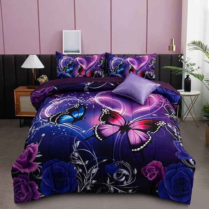 A Nice Night Galaxy 6pcs Bed in a Bag Purple and Blue Dreamy 3D Butterfly Printed, Butterflies Bedding Full Comforter Set, for Girls Kids Teens - LeafyLoom