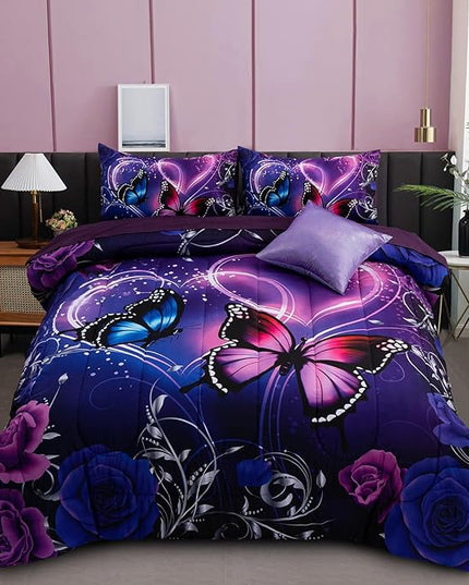 A Nice Night Galaxy 6pcs Bed in A Bag Purple and Blue Dreamy 3D Butterfly Printed, Butterflies Bedding Twin Comforter Set, for Girls Kids Teens - LeafyLoom