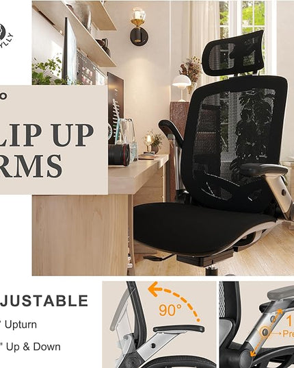GABRYLLY Ergonomic Office Mesh Chair, High-Back Desk Chair with Sliding Seat, Adjustable Flip-up Armrest & 2D Headrest, 4-Gear Tilt Function, Swivel Computer Gaming Chair for Man Woman - LeafyLoom