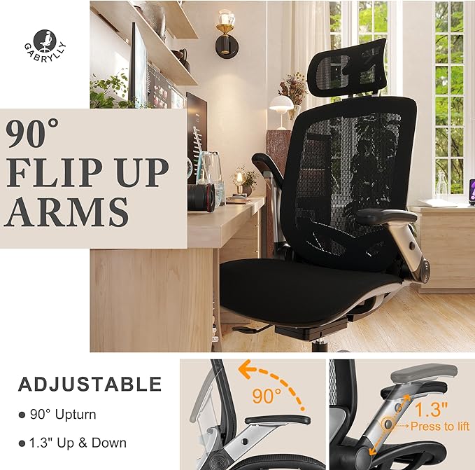 GABRYLLY Ergonomic Office Mesh Chair, High-Back Desk Chair with Sliding Seat, Adjustable Flip-up Armrest & 2D Headrest, 4-Gear Tilt Function, Swivel Computer Gaming Chair for Man Woman - LeafyLoom