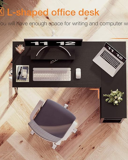 ODK 47 Inch Small L Shaped Computer Desk with Reversible Storage Shelves, L-Shaped Corner Desk with Monitor Stand for Small Space, Modern Simple Writing Study Table for Home Office Workstation, Black - LeafyLoom