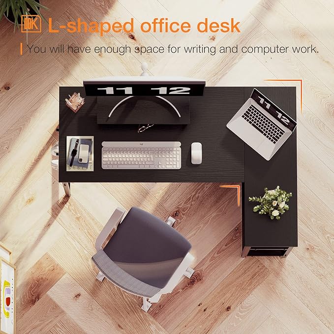 ODK 47 Inch Small L Shaped Computer Desk with Reversible Storage Shelves, L-Shaped Corner Desk with Monitor Stand for Small Space, Modern Simple Writing Study Table for Home Office Workstation, Black - LeafyLoom