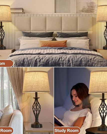 Table Lamp for Bedroom Set of 2 with USB C+A Ports, Modern Bedside Lamps with Spiral Cage Base, Fabric Shade, Nightstand Lamp for Living Room Reading Bed Side End Table, 2 LED Bulbs Included Black - LeafyLoom