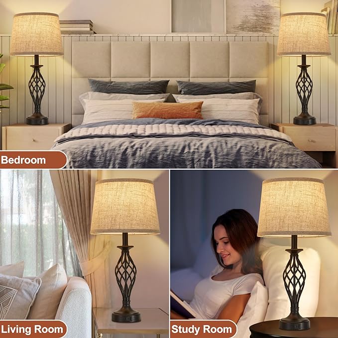 Table Lamp for Bedroom Set of 2 with USB C+A Ports, Modern Bedside Lamps with Spiral Cage Base, Fabric Shade, Nightstand Lamp for Living Room Reading Bed Side End Table, 2 LED Bulbs Included Black - LeafyLoom