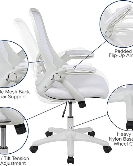 Flash Furniture Porter High-Back Swivel Office Chair with Adjustable Lumbar Support and Seat Height, Ergonomic Mesh Desk Chair with Flip-Up Armrests, White - LeafyLoom