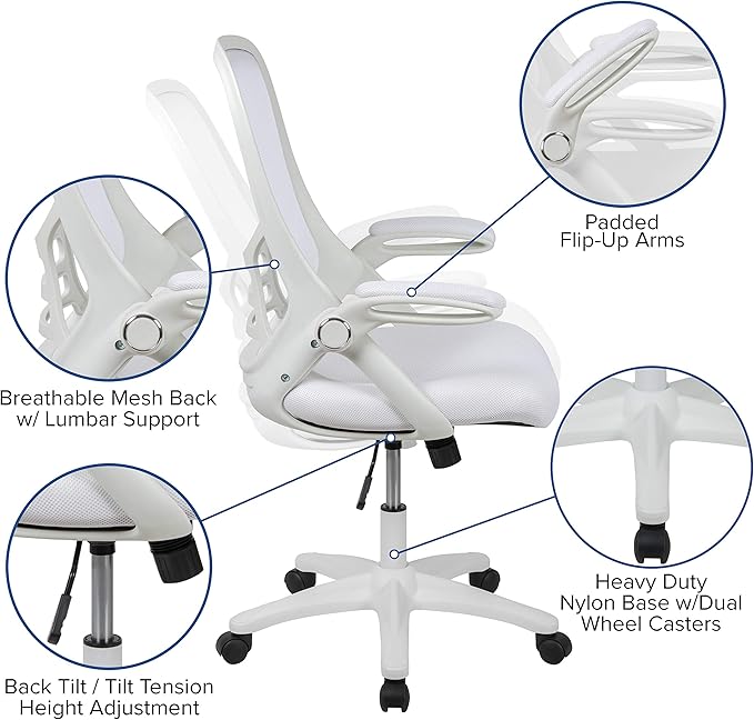 Flash Furniture Porter High-Back Swivel Office Chair with Adjustable Lumbar Support and Seat Height, Ergonomic Mesh Desk Chair with Flip-Up Armrests, White - LeafyLoom