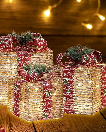 [Ultra-Large 15.5"x13.5"x11" Christmas Set of 3 Lighted Rattan Gift Boxes Decorations Pre-lit 91 Super-Bright LED with Flashers,for Indoor Outdoor Pathway Holiday Party Home(Warm White) GLOWNOVA
