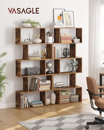 VASAGLE Bookcase, 5-Tier Bookshelf, Display Shelf and Room Divider, Freestanding Decorative Storage Shelving, Rustic Brown ULBC62BX, 27.6”L x 9.4”W x 62.6”H (70 x 24 x 159 cm) - LeafyLoom