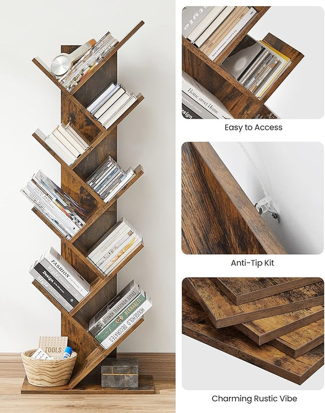 VASAGLE Tree Bookshelf, 9-Tier Bookcase, Large Bookshelf, Space-Saving Corner Shelf, Book Tree, Holds Books, CDs, Games, for Bedroom, Living Room, Home Office, Rustic Brown ULBC11BX - LeafyLoom
