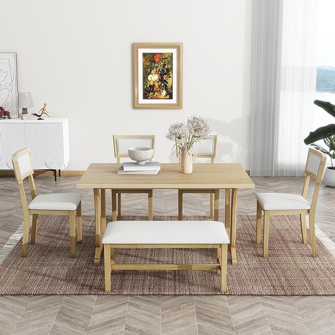 Farmhouse Style Trestle Upholstered 4 Chairs and Bench, Rubber Wood w/Flower Buds Shaped Legs Room, Kitchen, Brown+Beige, 6 Piece Dining Table Set - LeafyLoom