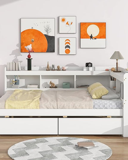 Full Size Bed with Storage Drawers and L-Shaped Bookcases, Wood Platform Bed Daybed Sofa Bed Frame with Headboard for Bedroom Living Room, White - LeafyLoom