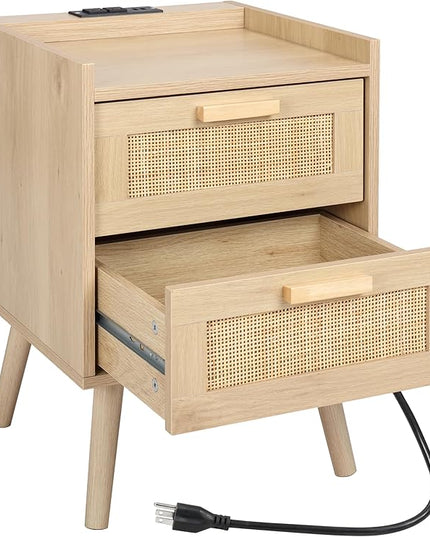 Finnhomy Nightstand with Charging Station, Bedside Table with 2 Hand Made Rattan Decorated Drawers, Night Stand with Storage for Bedroom, Natural - LeafyLoom