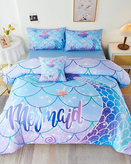 URBONUR Mermaid Tail Bedding Set Queen Size, 6Pcs Fish Scales Print Bed in a Bag Girls Queen Comforter Set, Ombre Aqua Blue Teal Pink Purple Bed Sets for Girls Bedroom Decor - LeafyLoom