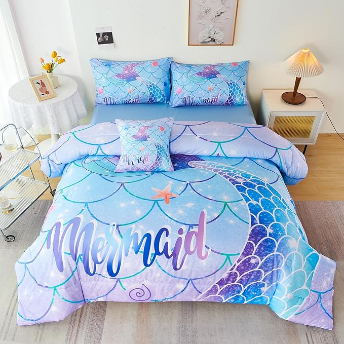 URBONUR Mermaid Tail Bedding Set Queen Size, 6Pcs Fish Scales Print Bed in a Bag Girls Queen Comforter Set, Ombre Aqua Blue Teal Pink Purple Bed Sets for Girls Bedroom Decor - LeafyLoom