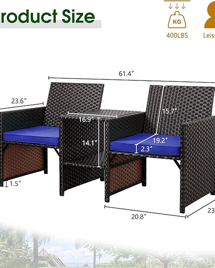 Shintenchi Wicker Patio Conversation Furniture Set with Detachable Chairs & Table and Two Removable Cushions,Rattan Wicker Lover Chair for Patio,Garden, Courtyard and Lawn Backyard (Deep Blue) - LeafyLoom
