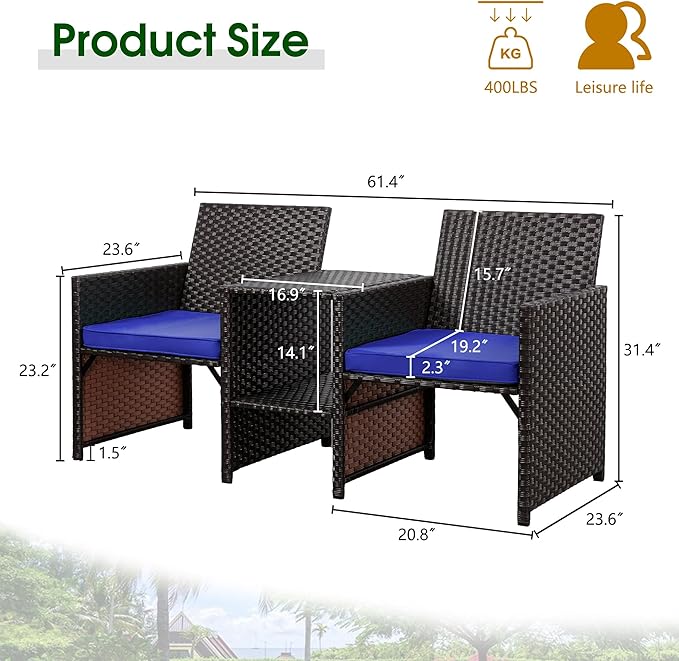 Shintenchi Wicker Patio Conversation Furniture Set with Detachable Chairs & Table and Two Removable Cushions,Rattan Wicker Lover Chair for Patio,Garden, Courtyard and Lawn Backyard (Deep Blue) - LeafyLoom