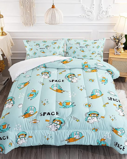 Kawaii Dog Rabbit Fox Comforter Set 3 Pieces Universe Galaxy Outer Space Bedding Set Astronaut Rocket Bed Quilt Set for Girls Boys Kids Blue - LeafyLoom