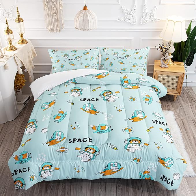Kawaii Dog Rabbit Fox Comforter Set 3 Pieces Universe Galaxy Outer Space Bedding Set Astronaut Rocket Bed Quilt Set for Girls Boys Kids Blue - LeafyLoom
