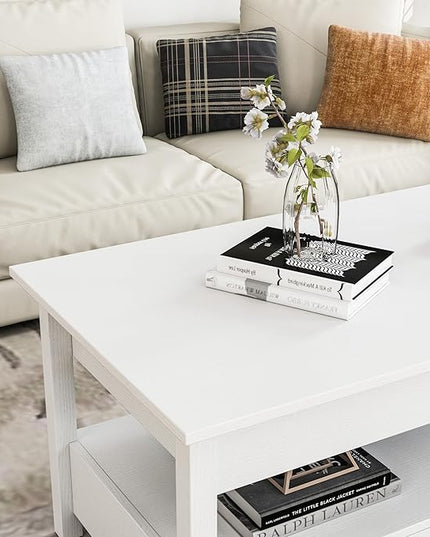 Panana Coffee Table, Lift Top Coffee Table with Hidden Compartment, 2 Drawers and 1 Open Shelf, Retro Central Wooden Table Lift Tabletop for Living Room (White) - LeafyLoom