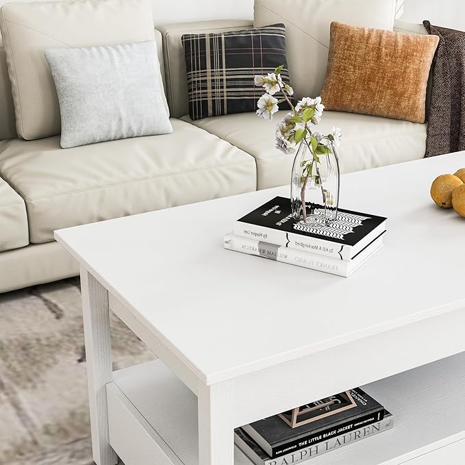 Panana Coffee Table, Lift Top Coffee Table with Hidden Compartment, 2 Drawers and 1 Open Shelf, Retro Central Wooden Table Lift Tabletop for Living Room (White) - LeafyLoom