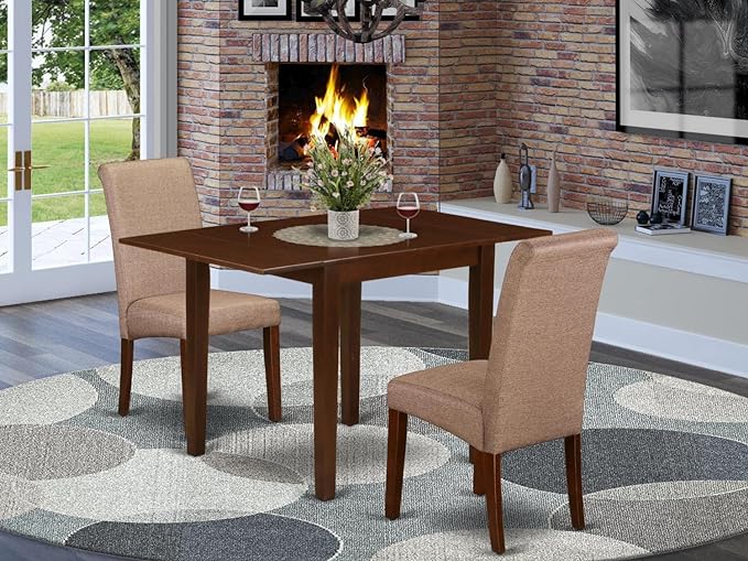 East West Furniture NDBA3-MAH-18 Norden 3 Piece Kitchen Set Contains a Rectangle Room Table with Dropleaf and 2 Brown Linen Fabric Parson Dining Chairs, 30x48 Inch, Mahogany - LeafyLoom