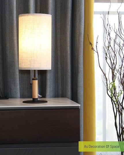 3-Color Temperatures Bedside Table Lamp for Nightstand Living Room Lamps for Bedroom Wood Fabric Pull Chain Switch Small Desk Lamps Home Office End Table Room Decor (Light Brown+Black) - LeafyLoom