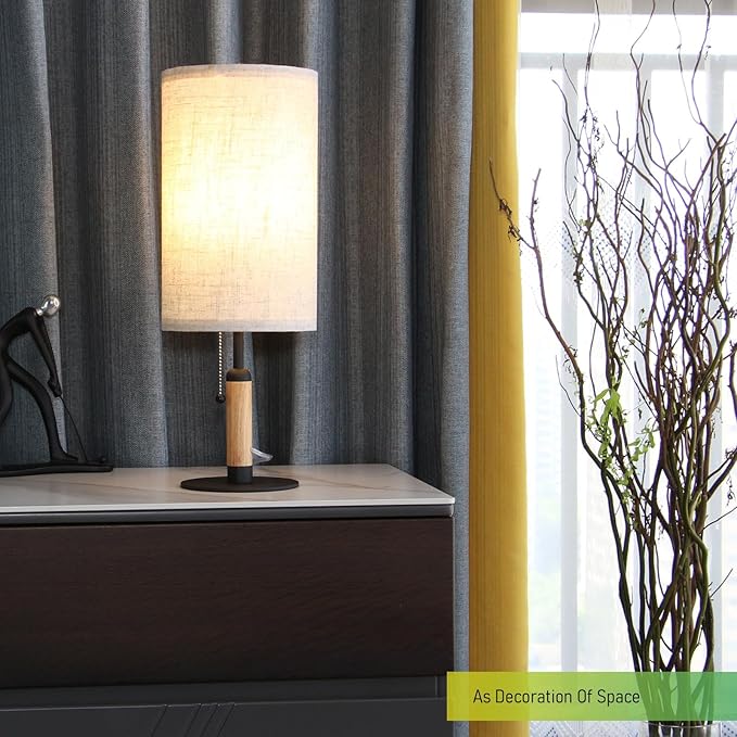 3-Color Temperatures Bedside Table Lamp for Nightstand Living Room Lamps for Bedroom Wood Fabric Pull Chain Switch Small Desk Lamps Home Office End Table Room Decor (Light Brown+Black) - LeafyLoom