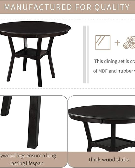 Contemporary Style Kitchen Round with Extra Bottom Shelf, 4 Large Thick Upholstered Chairs Seats, Scientific Backrest Design, Room, 5 Piece Dining Table Set, Espresso 21 - LeafyLoom