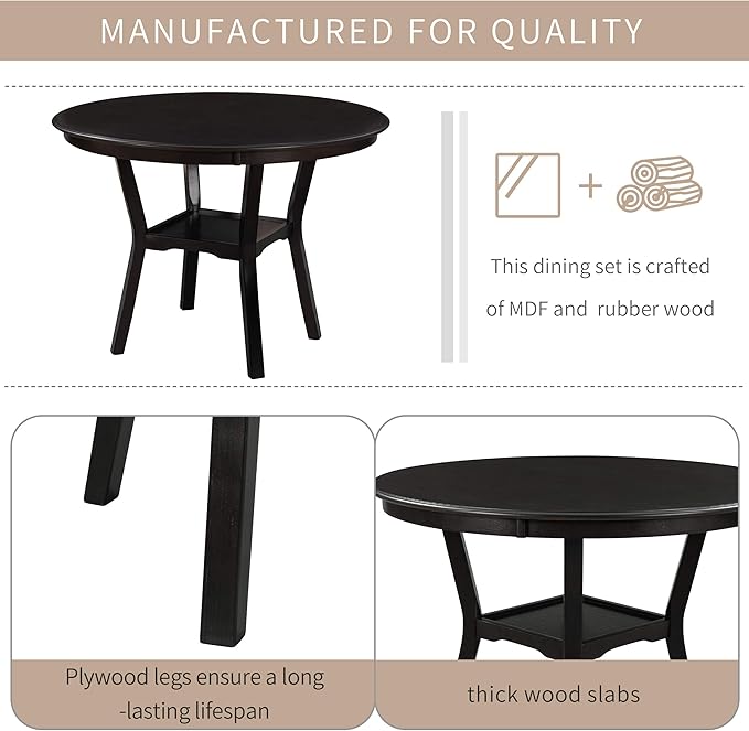 Contemporary Style Kitchen Round with Extra Bottom Shelf, 4 Large Thick Upholstered Chairs Seats, Scientific Backrest Design, Room, 5 Piece Dining Table Set, Espresso 21 - LeafyLoom