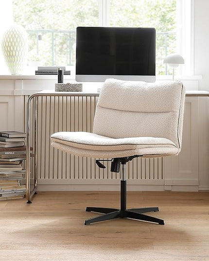 EMIAH Armless Office Desk Chair No Wheels Faux Fur Vanity Mid-Back Ergonomic Home Computer Comfortable Adjustable Swivel Furry Task Chair with Thickened Cushion - LeafyLoom