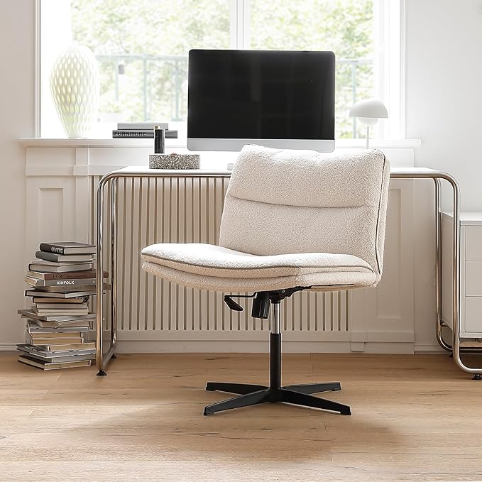 EMIAH Armless Office Desk Chair No Wheels Faux Fur Vanity Mid-Back Ergonomic Home Computer Comfortable Adjustable Swivel Furry Task Chair with Thickened Cushion - LeafyLoom