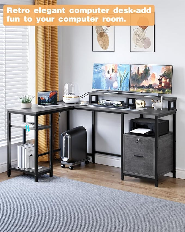 67" L Shaped Computer Desk with Drawers, Reversible Home Office Desk with Power Outlet, Adjustable Shelf and Mobile CPU Stand, Work Desk for 3 Installation Types, Corner Office Desk, Rustic Gray - LeafyLoom