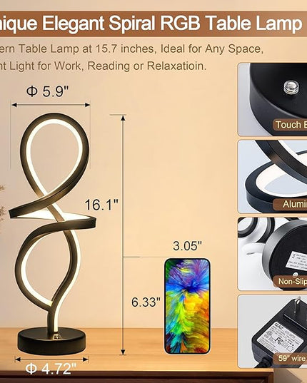 Modern Table Lamp, LED Spiral Lamp, RGB Table Lamp, Black Bedside Lamp with 7 Colors 10 Light Modes, Touch Dimmable Nightstand Lamp for Bedroom Living Room Home Office, 15W - LeafyLoom