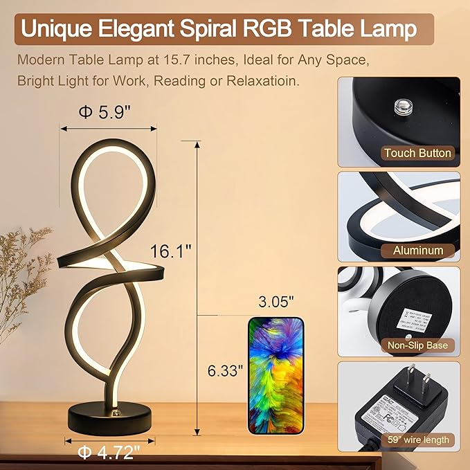 Modern Table Lamp, LED Spiral Lamp, RGB Table Lamp, Black Bedside Lamp with 7 Colors 10 Light Modes, Touch Dimmable Nightstand Lamp for Bedroom Living Room Home Office, 15W - LeafyLoom