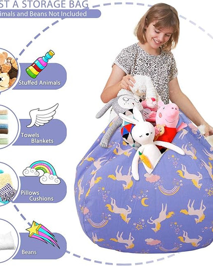 Aubliss Stuffed Animal Bean Bag Storage Chair (Light Blue Unicorn, Large (38'')) - LeafyLoom
