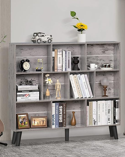 LEYAOYAO 10 Cube Bookshelf,3 Tier Modern Wide Bookcase with Legs,Mid-Century Wood Bookshelves Storage，Retro Grey Large Book Case,Freestanding Organizer Display Shelf for Bedroom,Living Room,Office - LeafyLoom