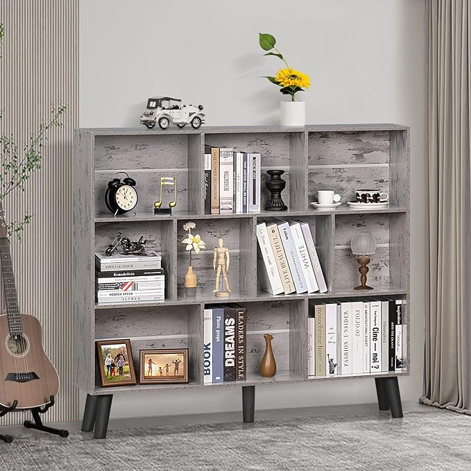 LEYAOYAO 10 Cube Bookshelf,3 Tier Modern Wide Bookcase with Legs,Mid-Century Wood Bookshelves Storage，Retro Grey Large Book Case,Freestanding Organizer Display Shelf for Bedroom,Living Room,Office - LeafyLoom