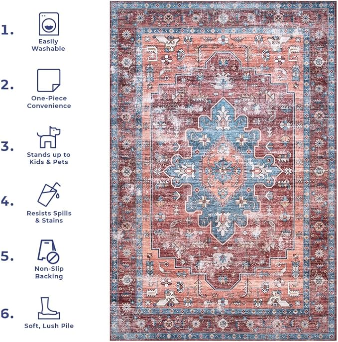 nuLOOM Zena Medallion Machine Washable Ultra Thin Area Rug, 5x8, Rust - LeafyLoom