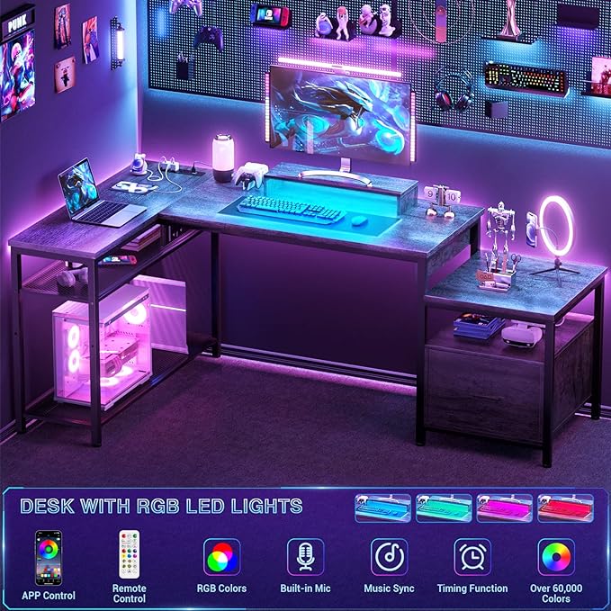 Aheaplus L Shaped Desk with Power Outlet, Standing Home Office Desk with Lift Top and File Drawer, 63'' Corner Computer Desk with Monitor Stand&Printer Shelves, Gaming Desk with Led Lights, Grey Oak - LeafyLoom