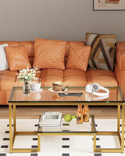 Coffee Table Gold Glass Coffee Table for Living Room,2 Tiers Rectangle Center Table with Sturdy Metal Frame,Modern Tempered Glass Accent Table for Bedroom Home Office - LeafyLoom