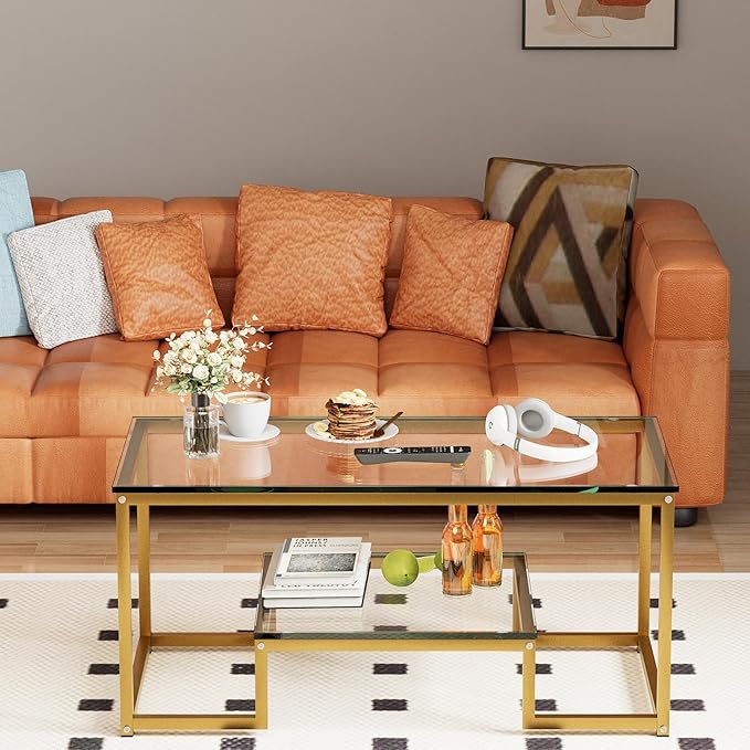Coffee Table Gold Glass Coffee Table for Living Room,2 Tiers Rectangle Center Table with Sturdy Metal Frame,Modern Tempered Glass Accent Table for Bedroom Home Office - LeafyLoom
