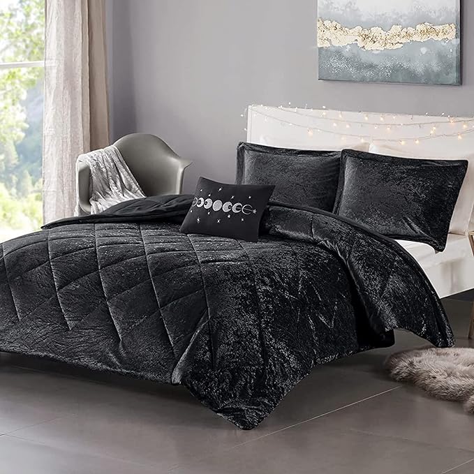 Intelligent Design King Comforter Set, Velvet Comforter Set , Luxury Diamond Quilting Comforter Set, Fluffy Comforter Bed Set with Decorative Pillowand 2 Shams, 4 Piece Black, King/ Cal King - LeafyLoom