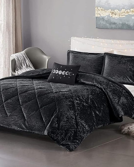Intelligent Design Queen Comforter Set, Velvet Comforter Set , Luxury Diamond Quilting Comforter Set, Fluffy Comforter Bed Set with Decorative Pillowand 2 Shams, 4 Piece Black, Full/Queen - LeafyLoom