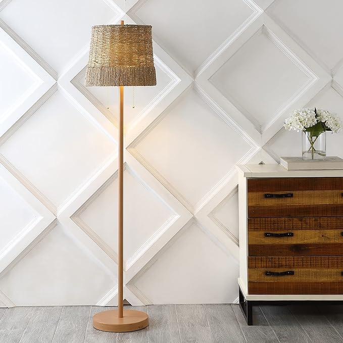 JONATHAN Y JYL3091A Ocata 61" 2-Light Coastal Bohemian Iron/Rattan LED Floor Lamp with Pull-Chain Farmhouse, Rustic Standing Reading Lamp LED Bulb Included, Brown Wood Finish - LeafyLoom