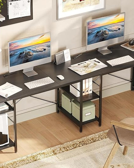 Bestier 95.2” L Shaped Desk, Reversible Corner Computer Desk or 2 Person Long Table with Adjustable Shelves, Large Writing Study Workstation with 3 Cable Holes - Black - LeafyLoom
