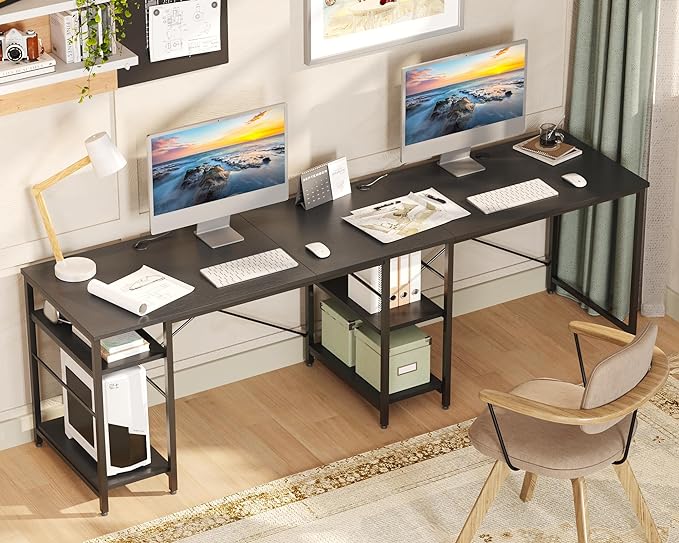 Bestier 95.2” L Shaped Desk, Reversible Corner Computer Desk or 2 Person Long Table with Adjustable Shelves, Large Writing Study Workstation with 3 Cable Holes - Black - LeafyLoom