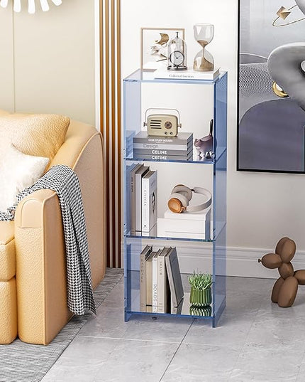 Acrylic Bookcase, 3 Tier Clear Floor Standing Bookshelf, 31.5 inch Tall Display Cube Storage Shelf Home Decor Furniture for Home, Office, Living Room, Bedroom - Transparent Blue - LeafyLoom