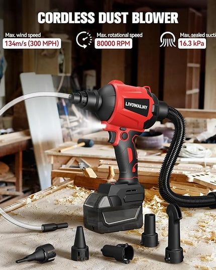 Cordless Dust Blower for Milwaukee m18 Battery, LIVOWALNY Leaf Blower Brushless Handheld Air Blower Sawdust Blower 447 MPH/39 CFM for Sawmill Room, Workshop Cleaning, Home Improvement (No Battery) - LeafyLoom
